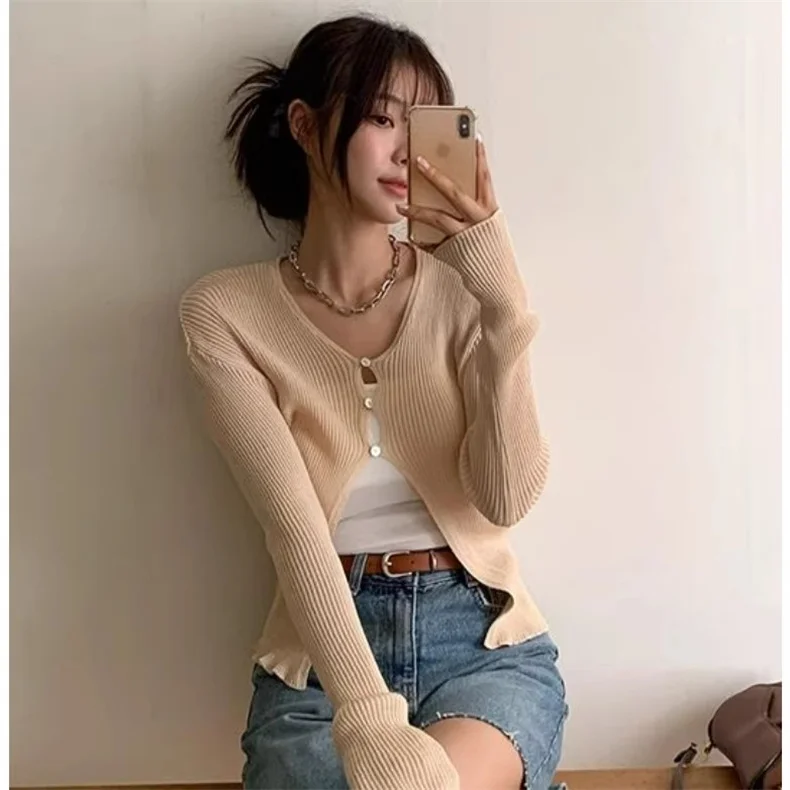 Autunno 2025 Dongda Gate Early New Sle Donna Slim Fit Lungo Sve Cardigan aperto lavorato a maglia Colore puro Versatile Top in maglia sottile