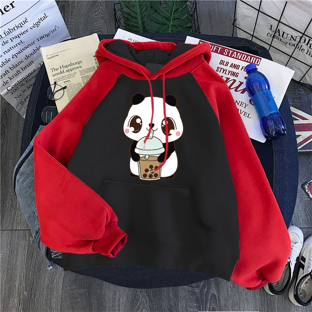 Baby Panda Drinking Milk Tea Print Women Hoodies Casual Raglan Hoodie O-Neck All Match Hoody Loose Street Comfortable Sweatshirt