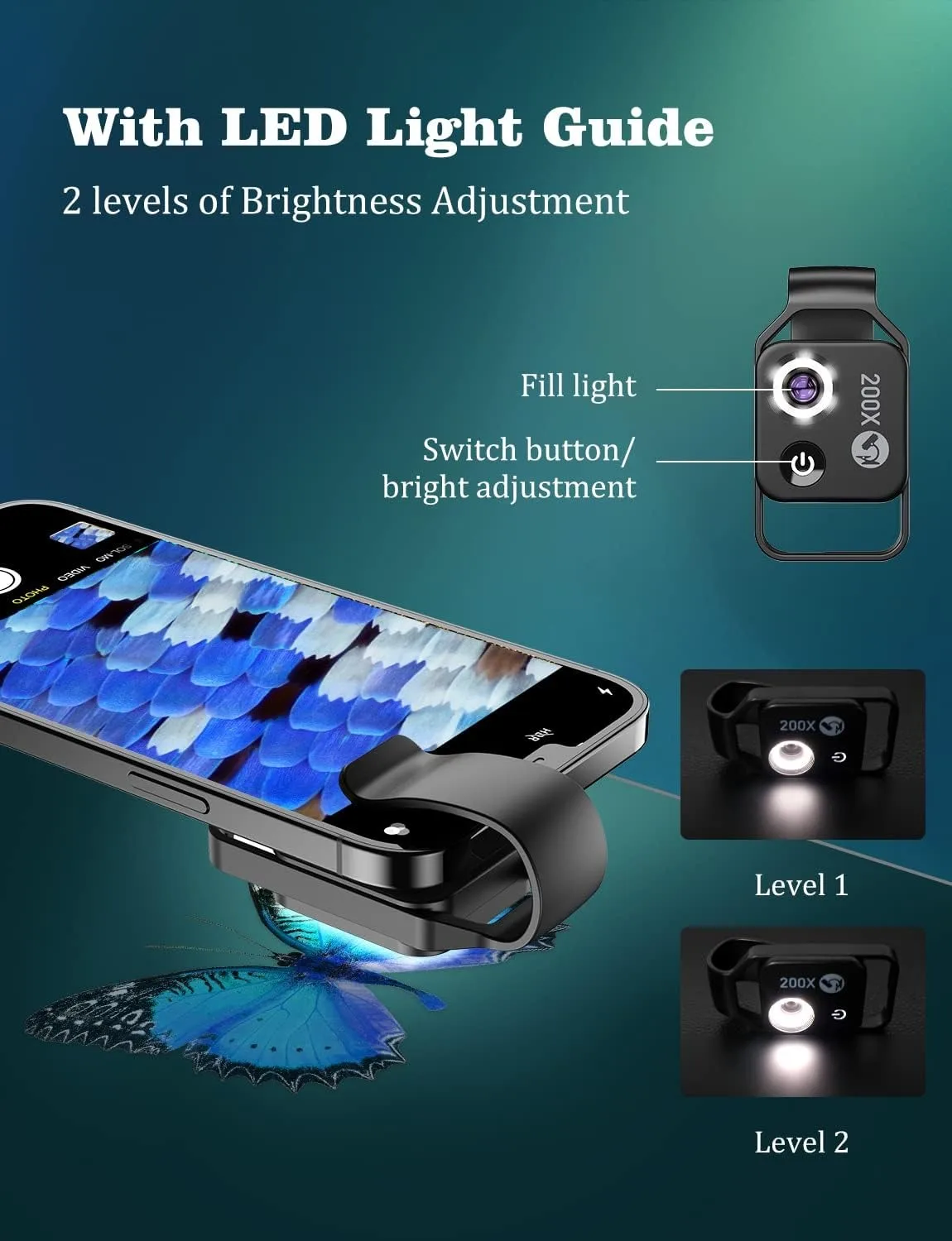 Microscopio per telefono con obiettivo CPL/luce LED Nano Zoom 200X Obiettivo per telefono tascabile Clip universale per fotocamera per la maggior parte dei telefoni iPhone/Android