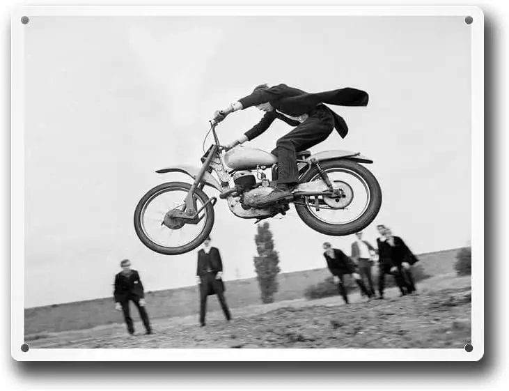 Metal Aluminum Signs Retro Motorcycle Jump British Modern Style Black And White 1950s Museum  Tin Sign