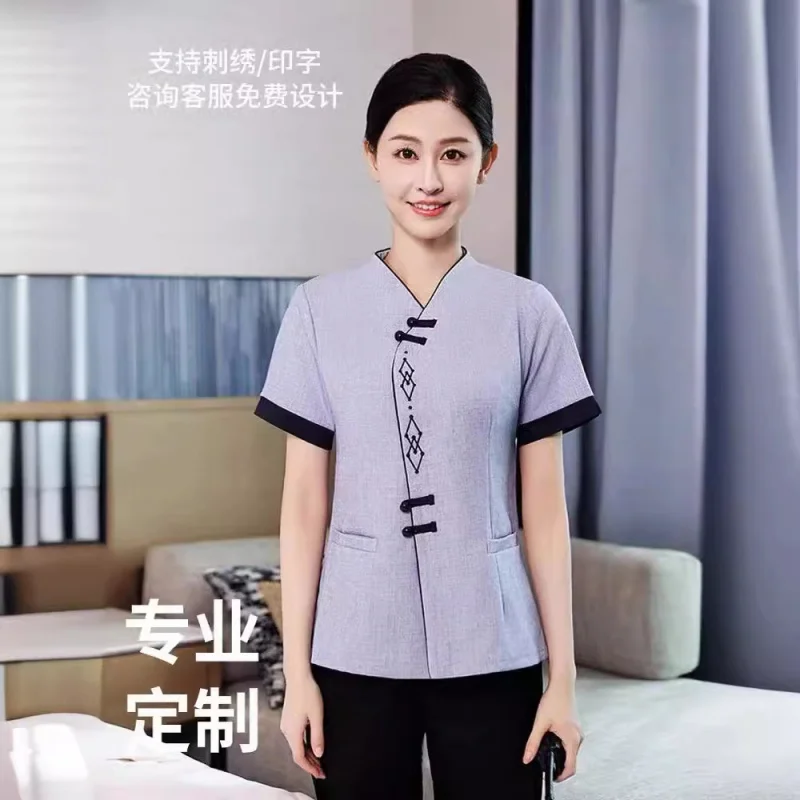 النمط الصيني فندق الصيف نظافة ملابس العمل التدبير المنزلي غرفة الممتلكات فندق عمة ملابس العمل قصيرة الأكمام المرأة البدلة #3