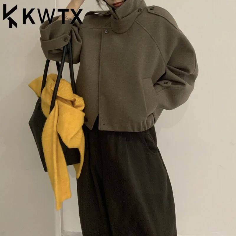 

KWTX женская укороченная куртка из 100% шерсти, новинка 2025, винтажная, с лацканами и карманами, осень-зима, повседневная, элегантная, однотонная, теплая, удобная