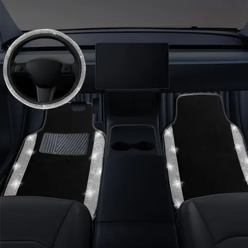 

NBTEPEM Bling Car Mats & Steering Cover, 4-Piece Sparkle Diamond Set, Universal Fit, Silver Glitter Auto Accessories