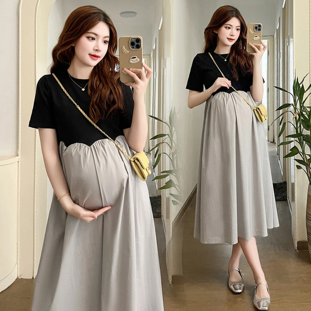 Maternity Clothes 2024 New Fashion Large Size Loose Covering Belly Pregnancy Dress French Spliced Long Dresses Maternity Dresses