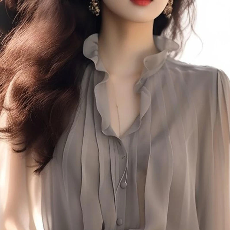 2024 NewSpring and Autumn Commuting Minimalist Fashion Chiffon Long Sleeved Solid Color Stand Collar Pleated Women's Shirt Top