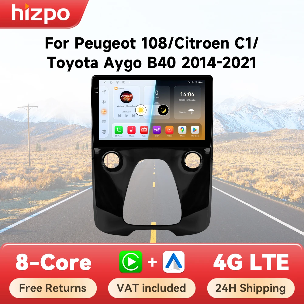 Hizpo Android Auto Multimedia-Player für Toyota Aygo, Peugeot 108, Citroen C1 2014 ~ 2021, kabelloses CarPlay, SWC, GPS-Navigation, 360-Grad-Kamera, DSP, RDS, 8-Kern-Prozessor