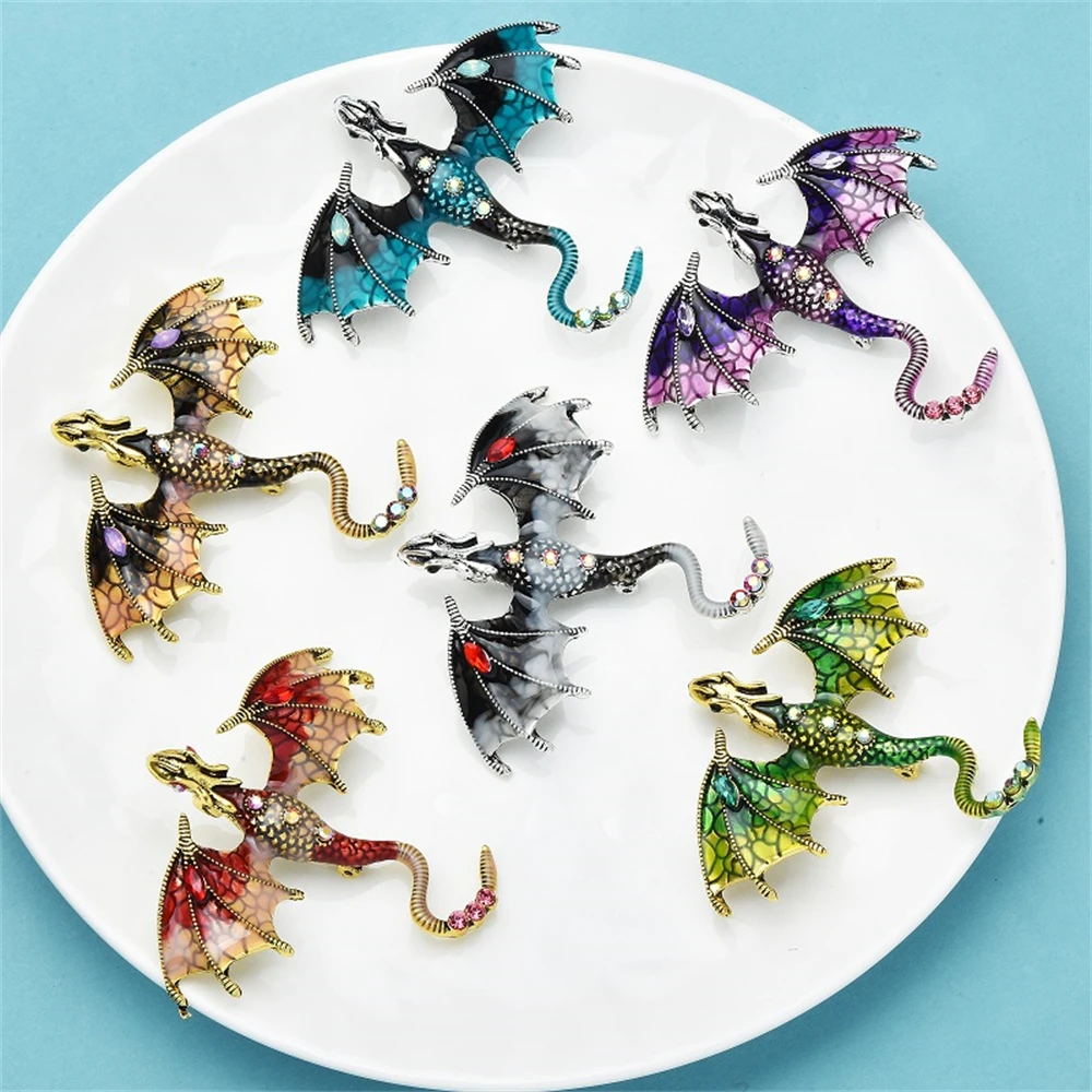 Unisex Vintage Cartoon Crystal Rhinestone Dragon-Shaped Brooch Multicolor Paint Metal Animal Pin Women Men Birthday Gifts Broach