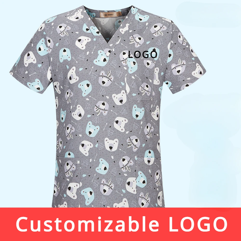 Customizable LOGO Animal Print Scrubs Pet Grooming Uniforms Beauty Work Clothing Pet Clinic Veterinary Health Check Uniforms