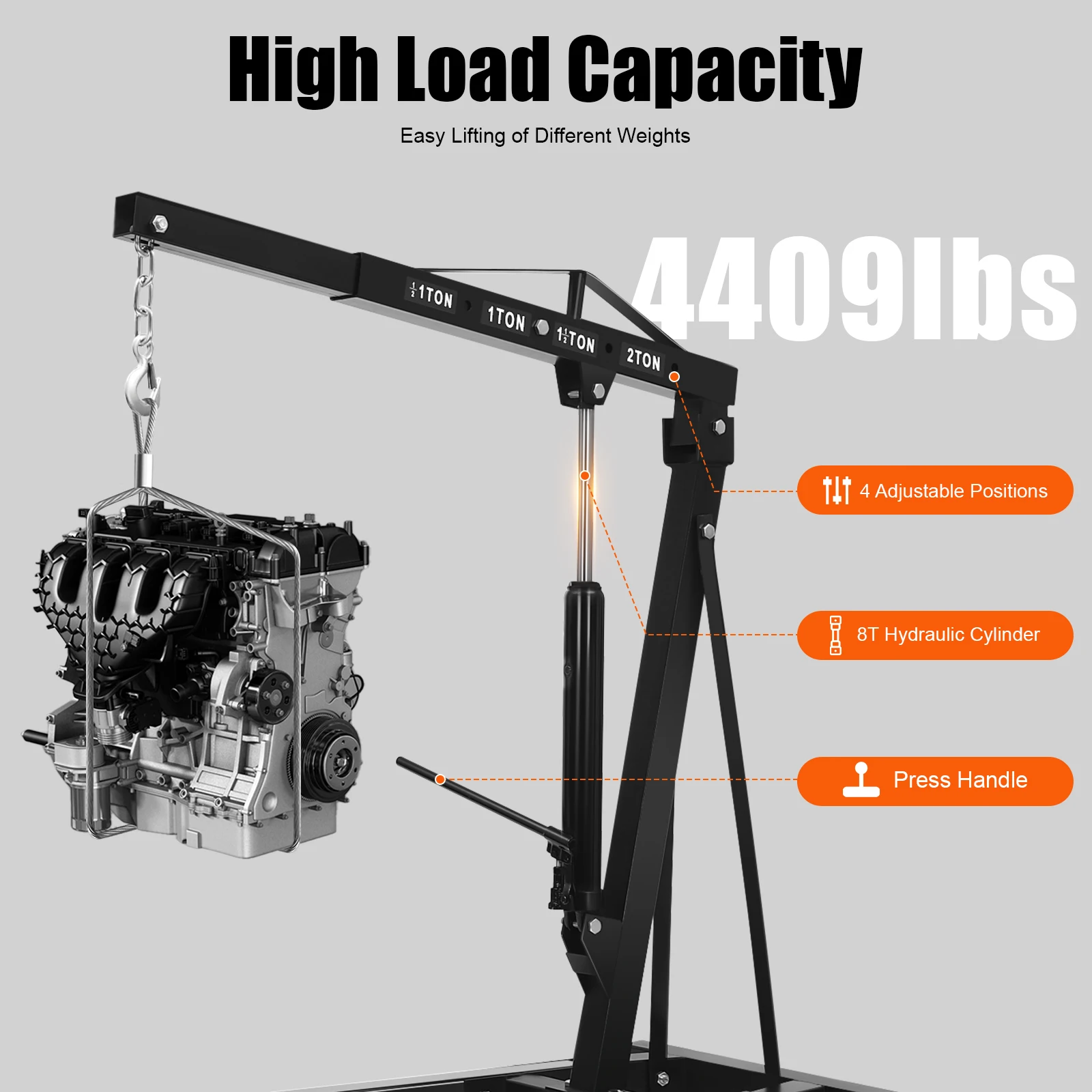 

2 Ton Folding Engine Hoist Crane, Hydraulic Transmission Jack Lift with 4 Level Adjustment, 6.89FT Lift Height & 6 Wheels