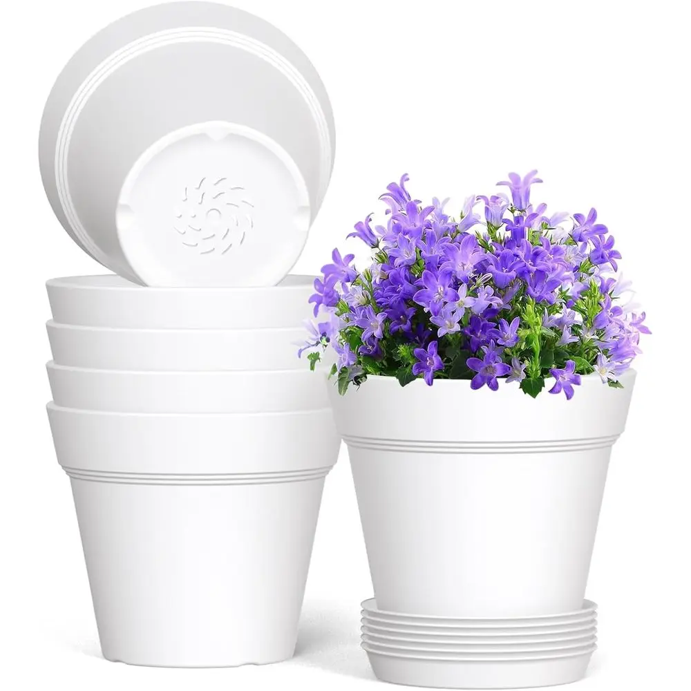 5 Inch Plastic Plant Pots with Drainage and Trays - 6 Pack for Nursery, Indoor or Outdoor Plants, White