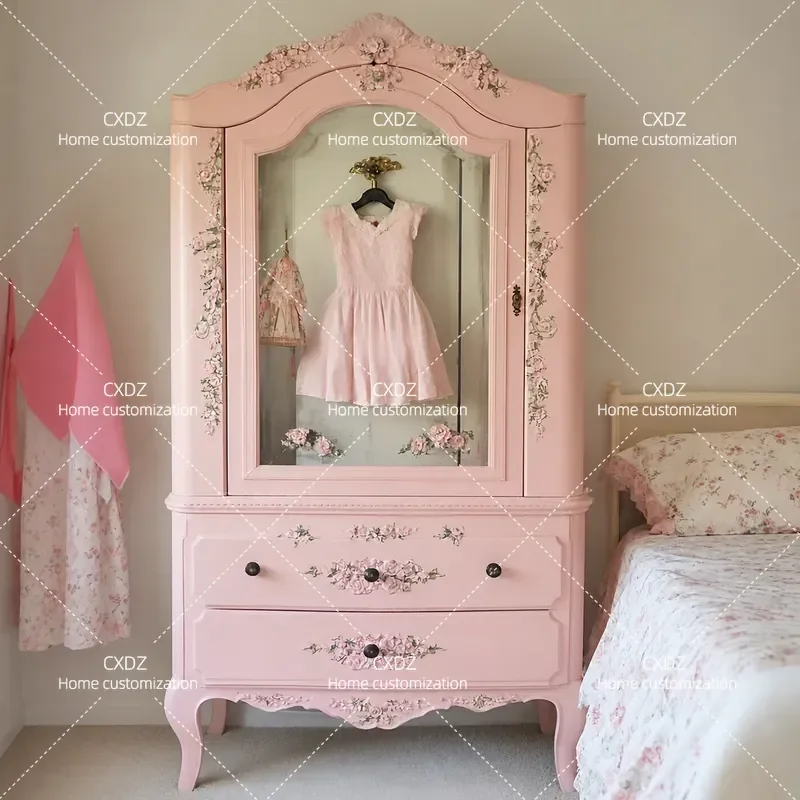 Carved Solid Wood Wardrobe Pink Princess Cabinet Rustic Hand Painted Locker Bedroom Storage Furniture
