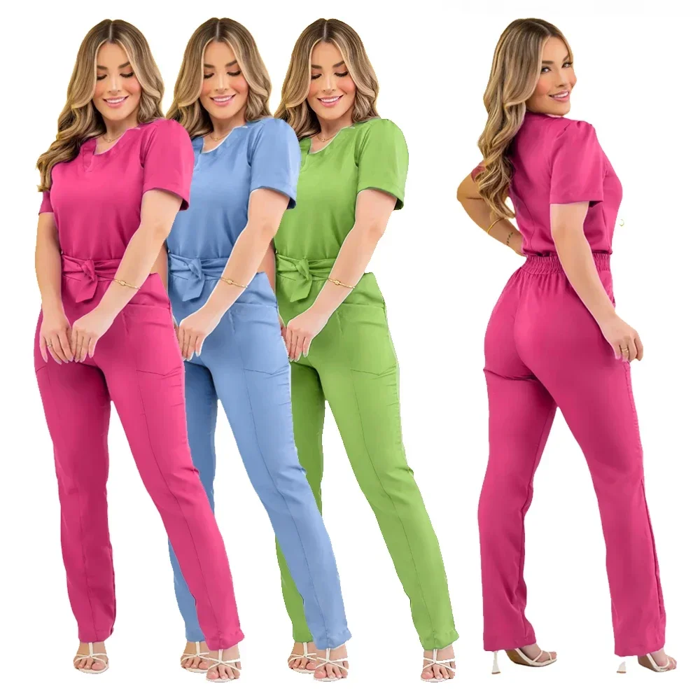 Slim Fit Women Medical Uniforms Nurses Accessories Doctors Scrubs Tops Pant Bow embroideryDental Clinic Beauty Salon WorkwearSet