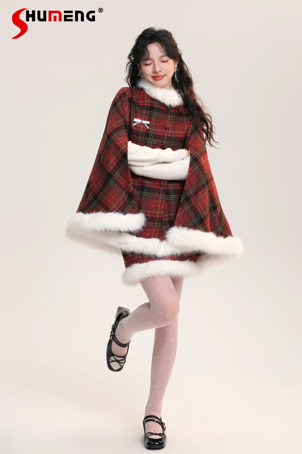New Year Christmas Sweet Capes Set Fur Collar Single-Breasted Sleeveless Loose Plaid Thick Warm Cloak Coat Women Winter Jacket