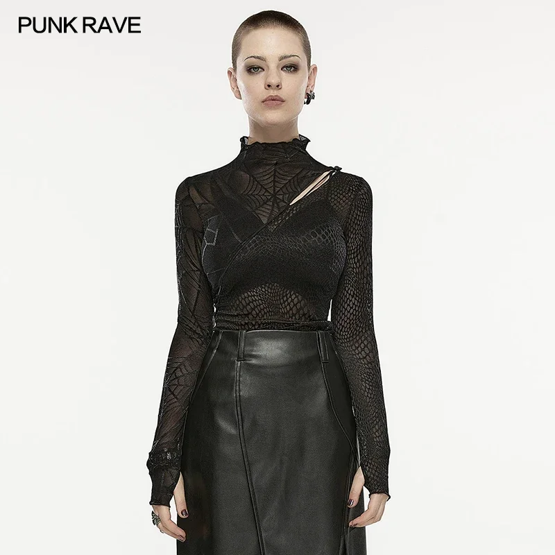 

PUNK RAVE Women's Chinese Style Hollow Asymmetrical Patchwork Spider Web Mesh T-shirt Punk Sexy Skull on Shoulder Tops