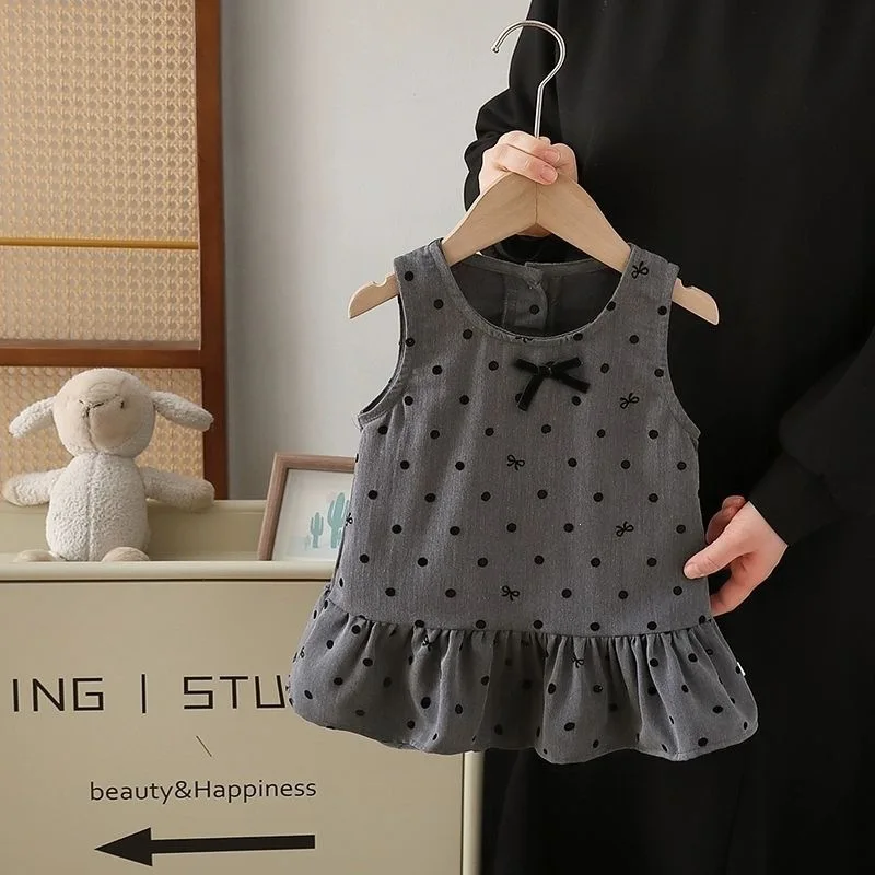 Spring baby girl polka dot vest skirt foreign style bow baby spring summer girls dress thin