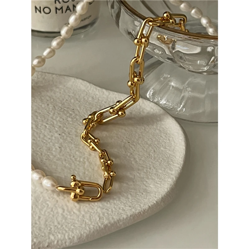 Brass With 18K Real Frewater Pearl Linked Necklaces Women Jewelry Punk Hiphop Designer Runway Simply Gown Boho Top Japan Korean