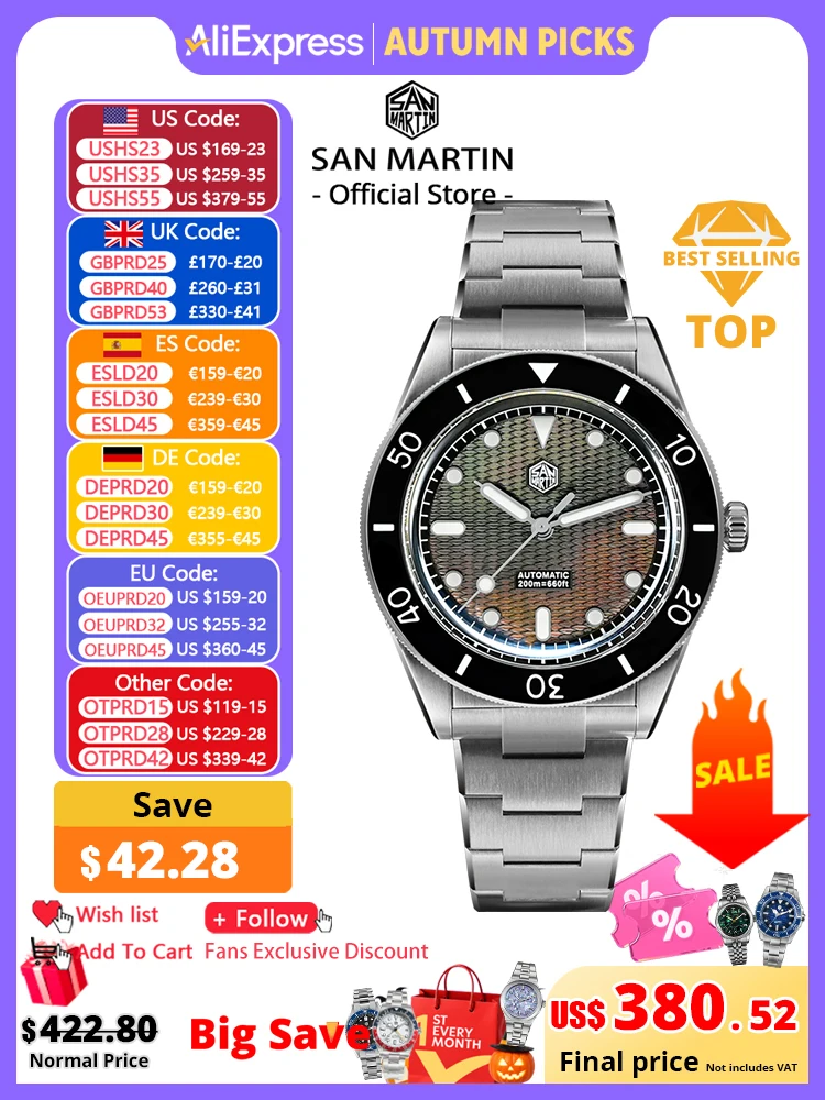 San Martin Official 39mm Guilloche MOP Dial Miyota 90S5 Sport Watch Automatic Mechanical Sapphire Bezel 20 ATM Luminous SN0151
