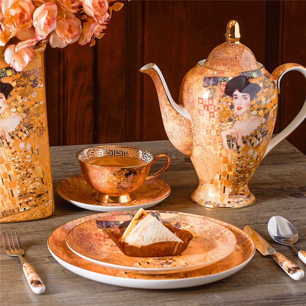 الفاخرة الخزف فنجان شاي طقم أطلس كليمت أديلا طقم أدوات القهوة العظام الصين إبريق قهوة مقشدة وعاء السكر إبريق الحليب كعكة حامل الرف #3