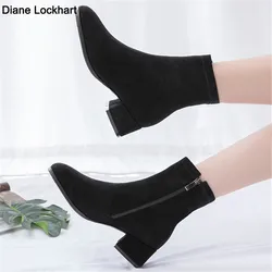 Woman Ankle Boots 2024 Autumn Winter Round Toe Low Heel Flock Black Comfortable Booties Lady Shoes Big Size 31 32 33 40 41 42 43