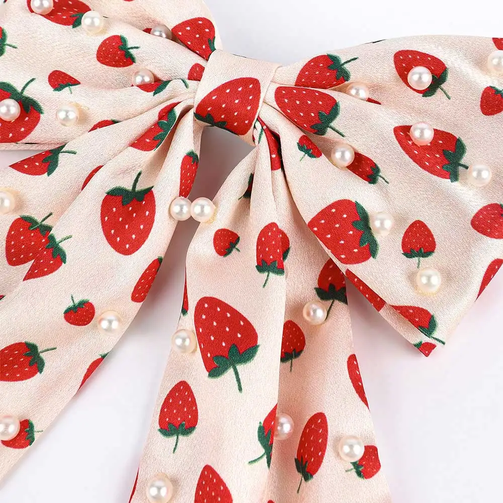 Fashion Chiffon Bow Hair Clip Elegant Women Pearl Hairpin Strawberry Print Korean Summer Headwear Girls Hair Accessories