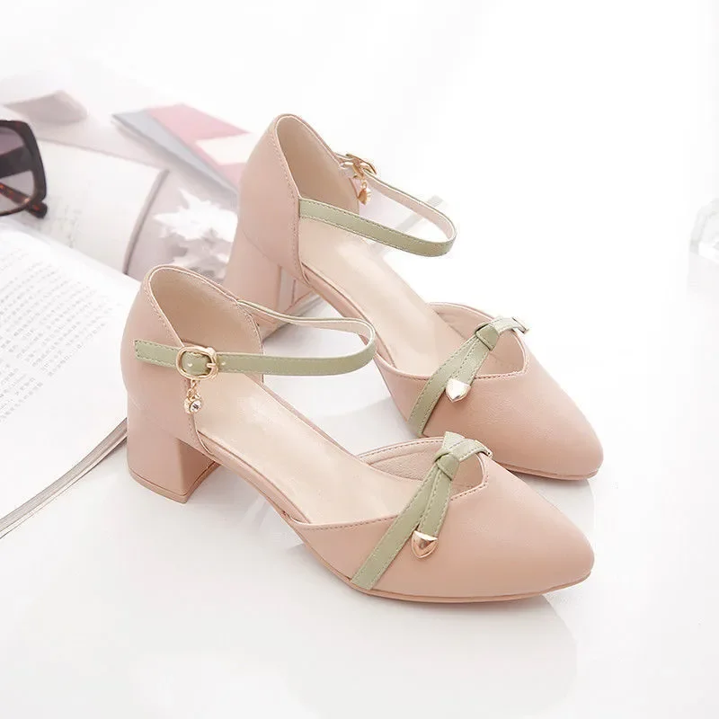 Zapatos De Mujer Women Fashion Bow Tie High Quality Beige Patent Leather Buckle Strap Spring Shoes Lady Cute Office Heels A222