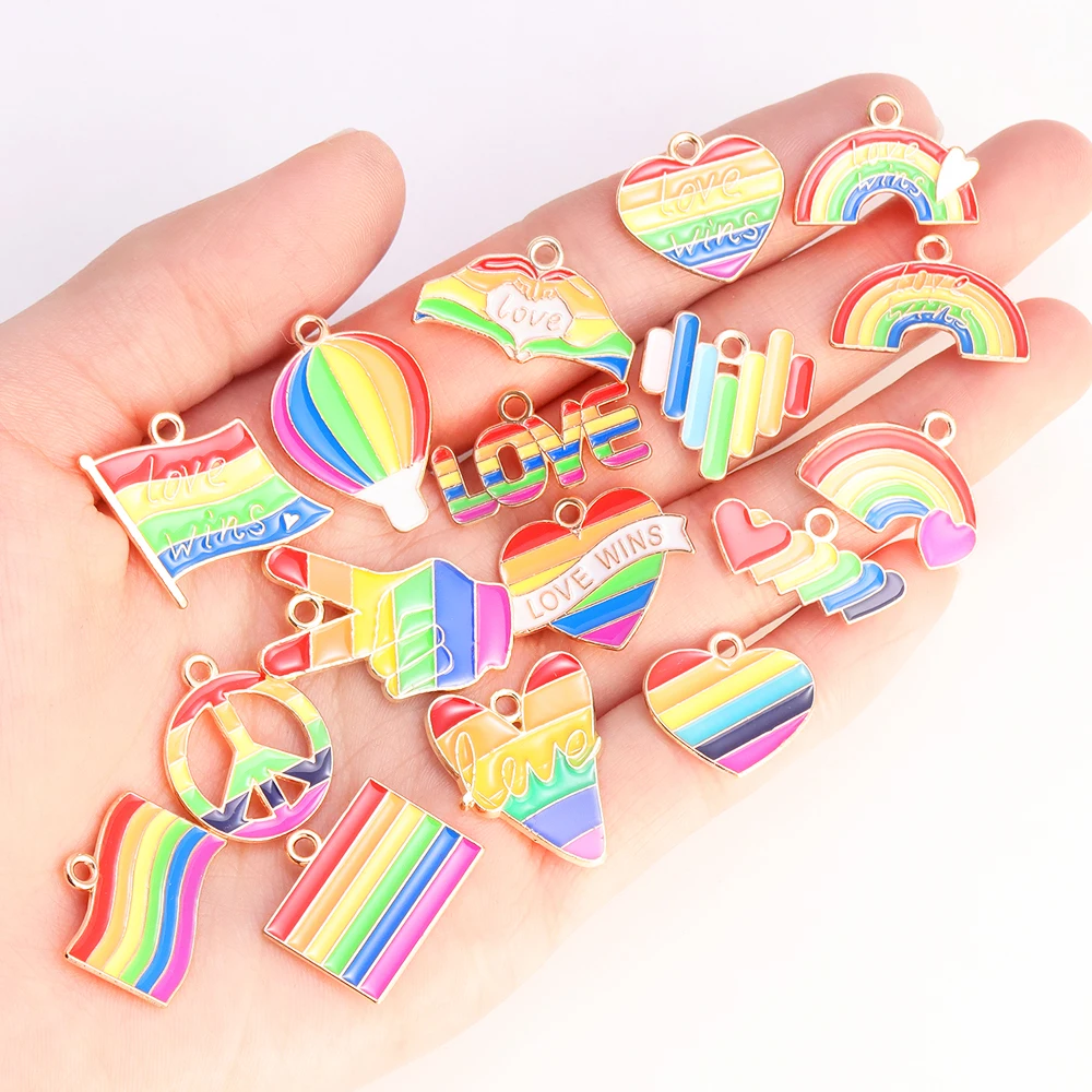 10Pcs Mixed Cute Enamel Rainbow Love Heart Flag Charms Pendants for Jewelry Making DIY Earrings Necklace Keychain Craft Supplies