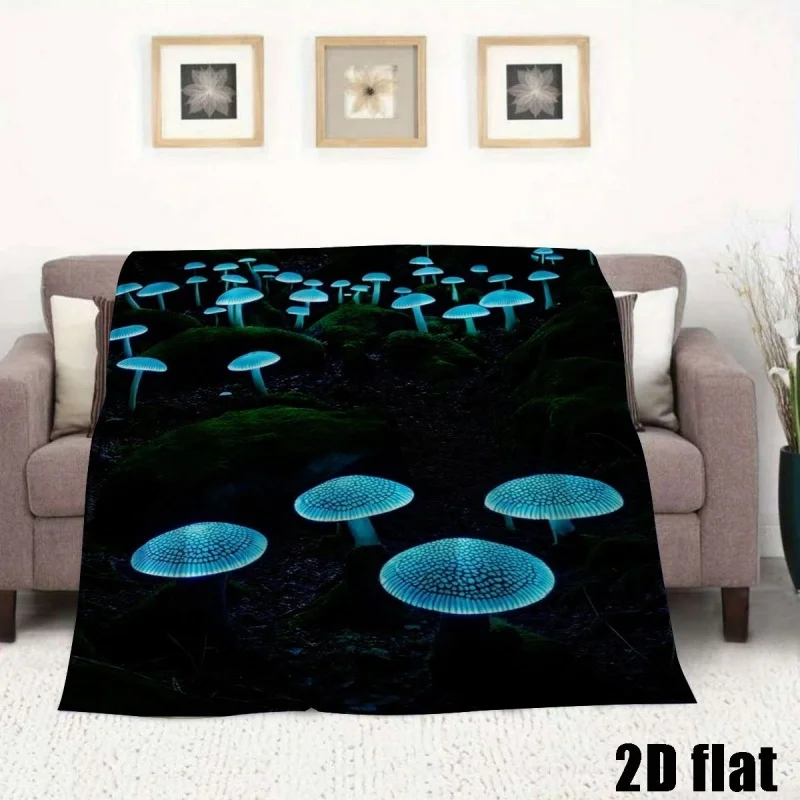 Newest Glowing Blue Mushroom Forest Night Scene Flannel Throw Blanket, Mystical Nature Blanket for Sofa Bedroom Home Decor