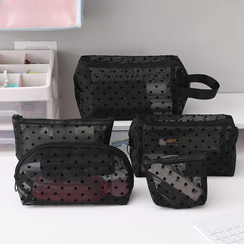 1pc Love Print Mesh Cosmetic Bag Portable Toiletry Organizer Makeup Bag Multifunction Transparent Women Lipstick Storage Pouch