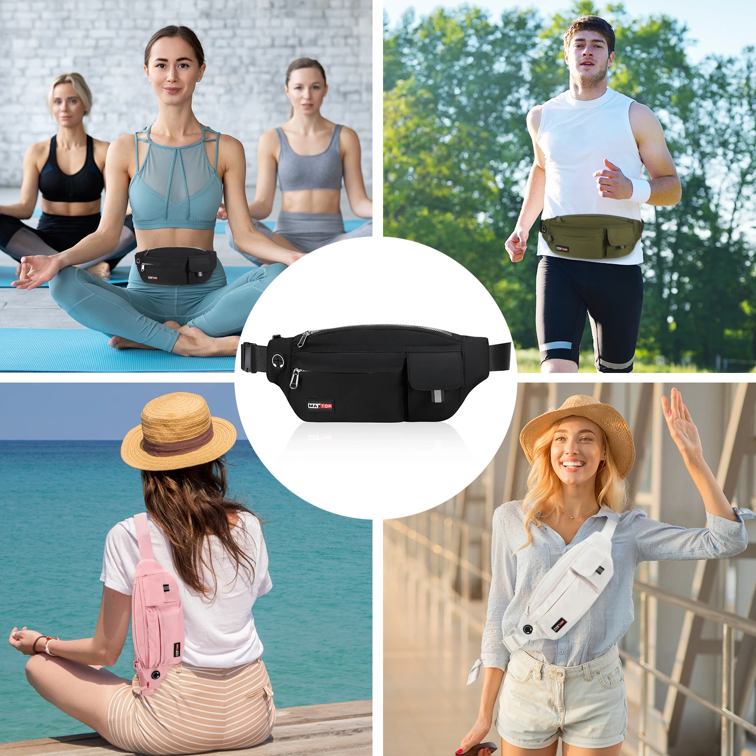 Maxtop Grote Crossbody Fanny Packs Voor Mannen Vrouwen Zwarte Hardloopriem Tas Modieuze Heuptas, Reisgeld Riem Telefoonhouder Fo