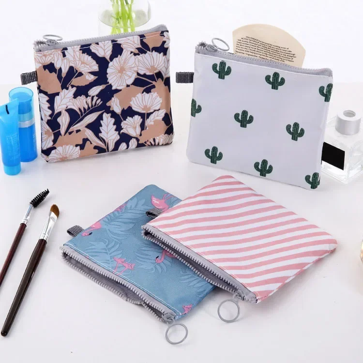 Small Floral Cactus Print Cosmetic Bags Girl Sanitary Napkin Storage Bag Women Makeup Card Eearphone Lipstick Holder Pouch Case