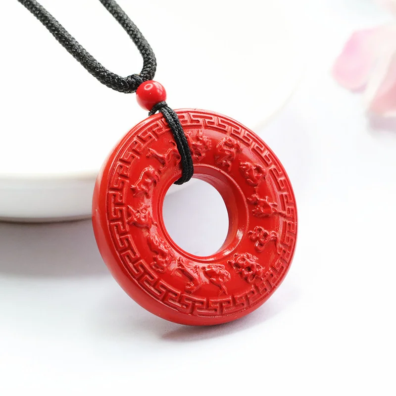 Classic Zodiac Guard Buckle Pendant Necklace Men Jewelry Exquisite Carved Red Sandstone Necklace Women Amulet Accessories