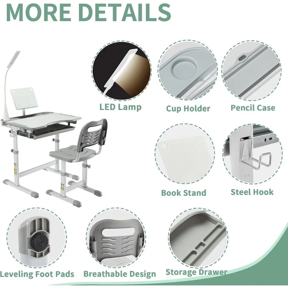子供用の機能的なデスクと椅子のセット,高さ調節可能な人間工学に基づいた学習デスク,傾斜デスク,ブックスタンド,LED