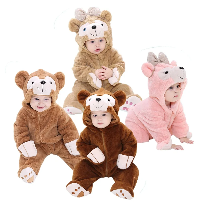 Kigurumis Cartoon Bear Bodysuit  Baby Boy Girl Clothes  Jumpsuits Pajamas Infant Overall Flannel Hooded Cosplay Romper Ropa