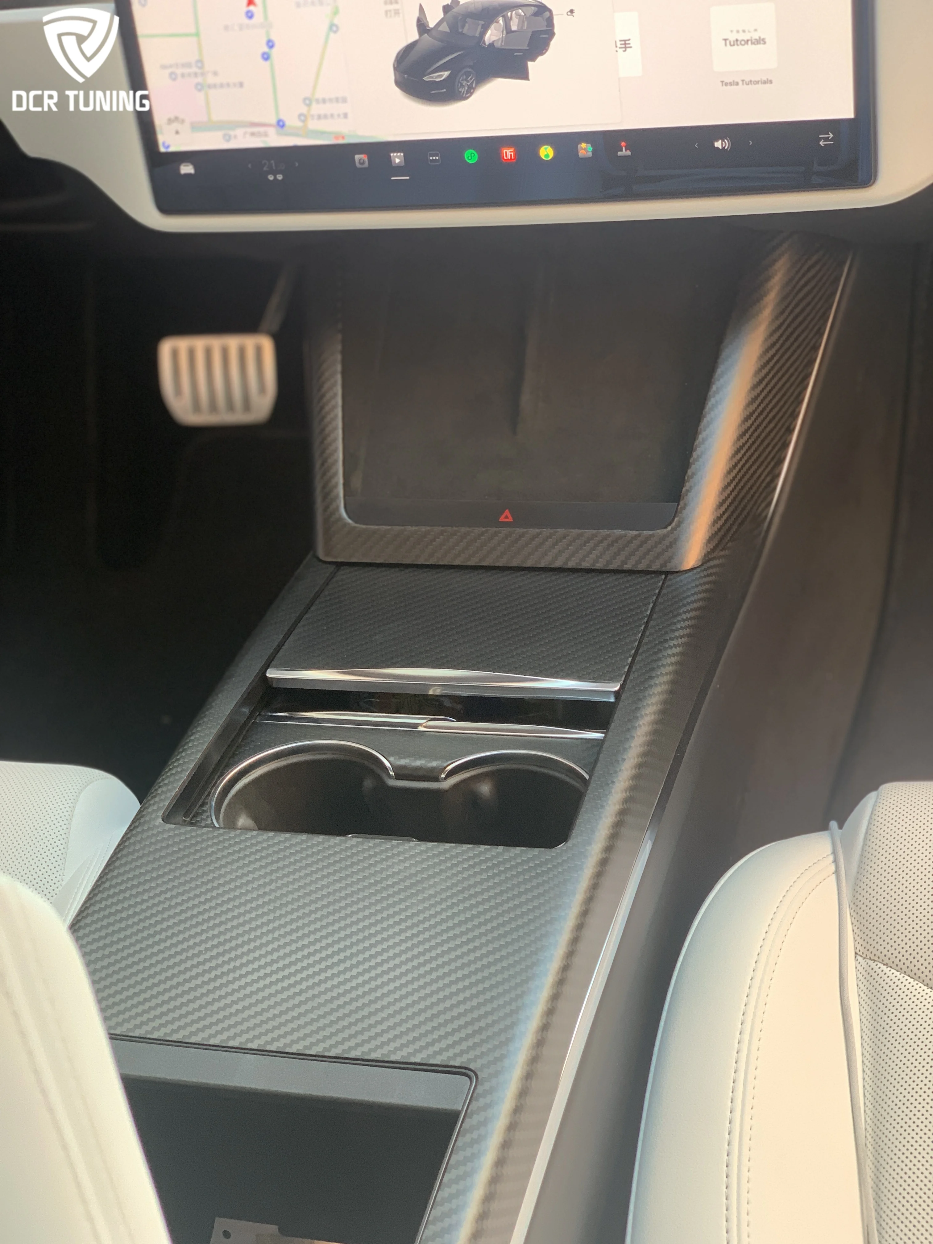 For Tesla 2023+ Model X Interior Dry Carbon Fiber Console Trim Cup Holder Box Storage Cover Charging Pad Frame Overlay