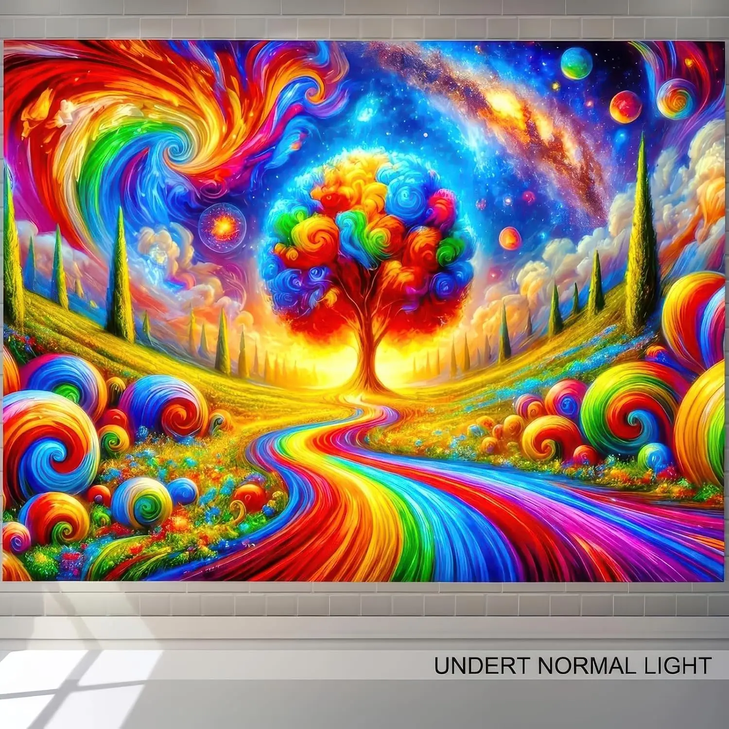 Trippy Van Gogh Style Tree Tapestry, Psychedelic Rainbow Road Galaxy Landscape Wall Hanging, Aesthetic Witchy Celestial Tapestry