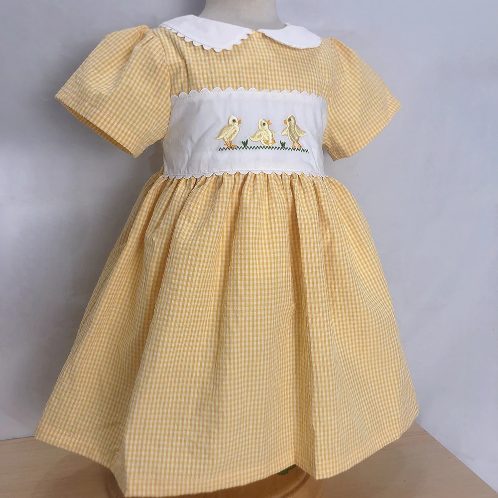 Children Boutique Clothing Summer Girls Short Sleeves Yellow Plaid Embroidered Chick Cotton Dress Cute Skirt Siblings Outfit