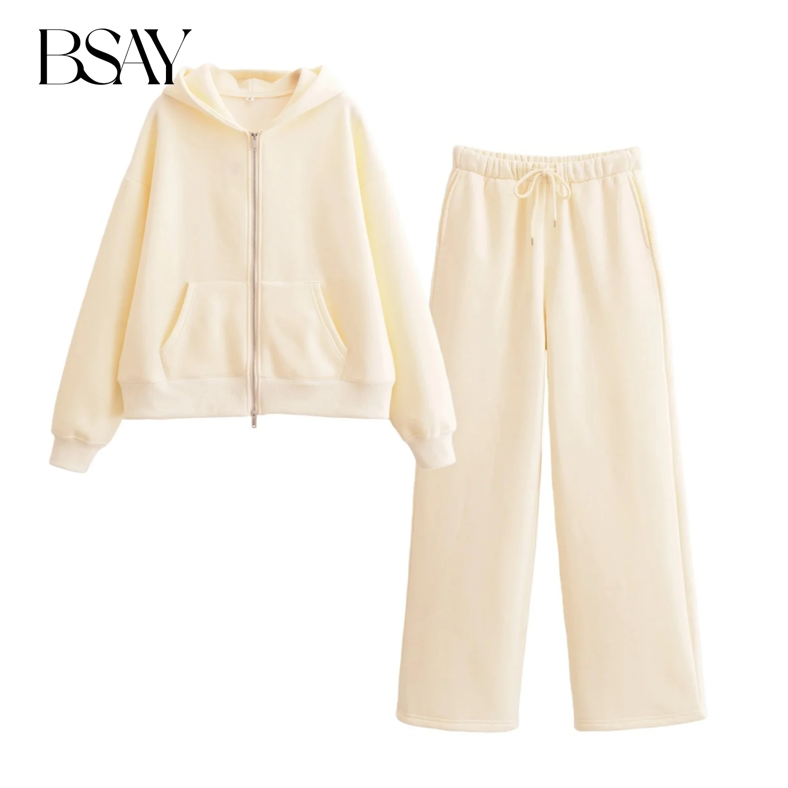 BSAY أزياء الخريف النسائية 2 قطع الصلبة طويلة الأكمام البريدي مقنعين البلوز سترة فضفاضة الإناث السراويل المستقيمة قطعتين مجموعة