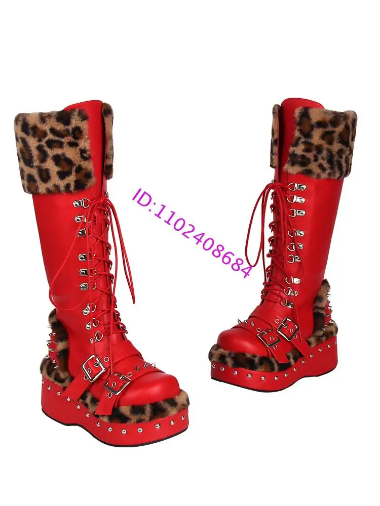 Design Punk Lolita High Platform Fur Boots 8Cm Leopard Print Side Zipper Belts Buckle Lace Up Knee Winter Boots view 4