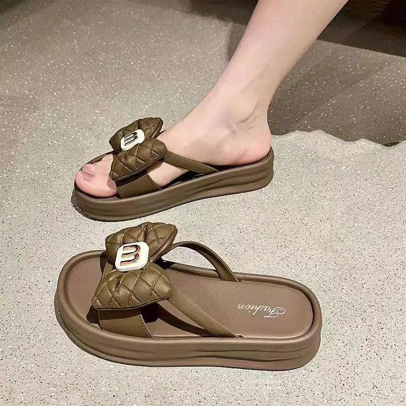 Women Slippers Summer New Fashion Luxury Open Toe Thick Soled Outdoor Flip Flops Bow Girls Beach Off White Casual Slippers