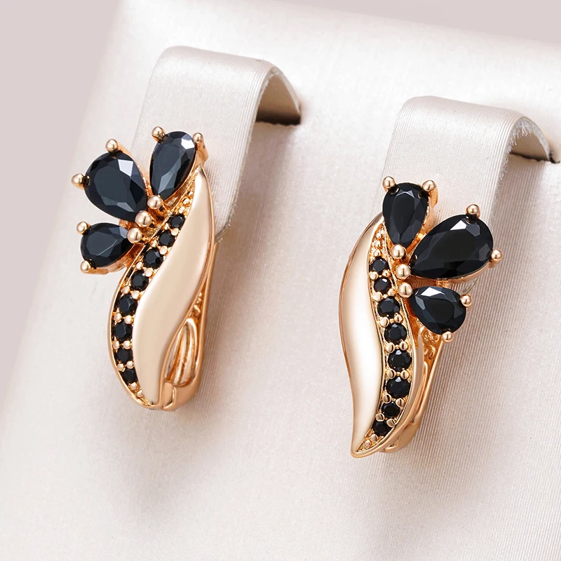 Kinel ホットブラックナチュラルジルコン英語イヤリング女性のための 585 ローズゴールドカラークリスタルフラワー花嫁イヤリングヴィンテージファインジュエリー