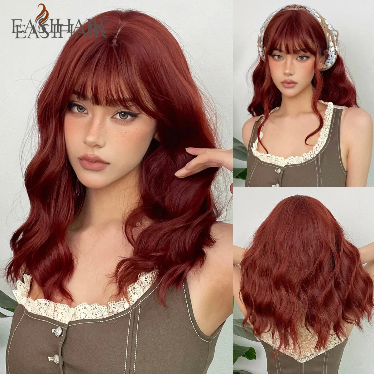 EASIHAIR czerwony brązowy krótki bob peruki syntetyczne damskie krótkie faliste śliczne Cosplay naturalne włosy peruki z grzywką peruka termoodporna