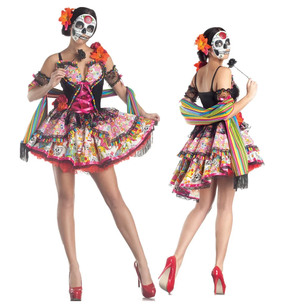 Halloween Cosplay Adult Women Sexy Sugar Skull Flower Fairy Ghost Bride Costume Carnival Purim Party Fancy Dress