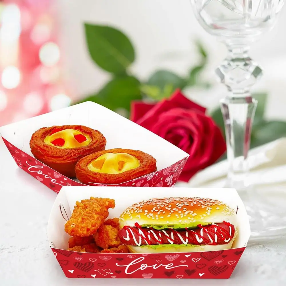 20pcs Thickened Valentine's Day Paper Plate Convenient Rectangular Disposable Baking Pans Red Snacks Trays Valentine's Day