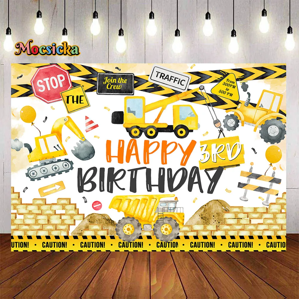 

Boy 3rd Birthday Party Backdrop Banner Props Construction Team Theme Excavator Yellow Background Banner Kids Photobooth Studio