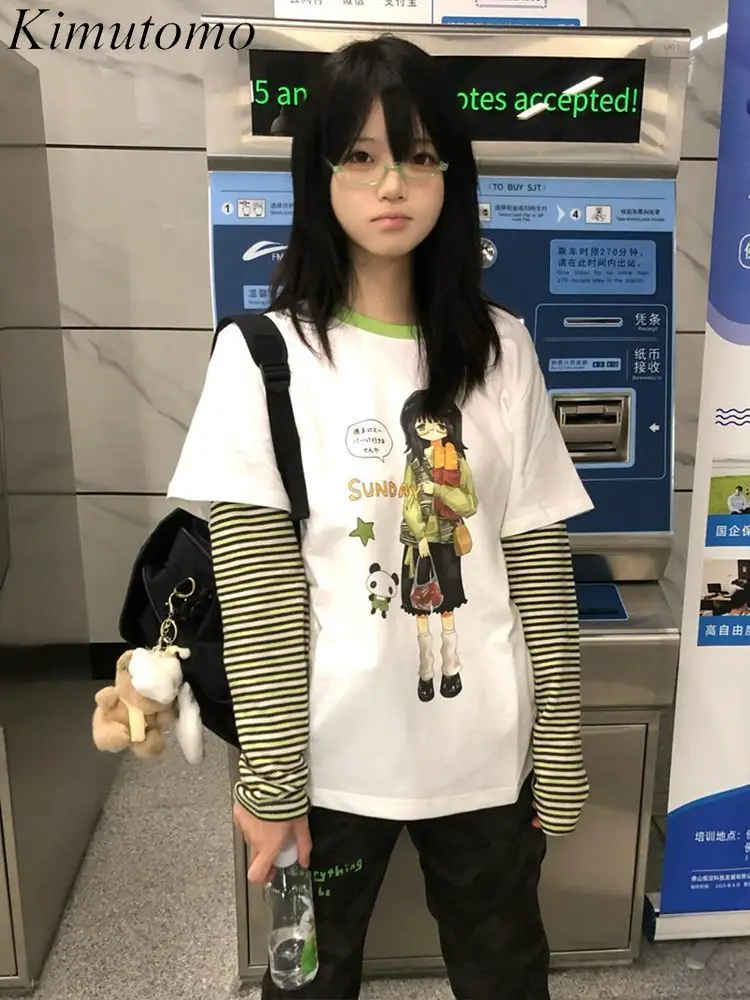 

Kimutomo винтажные футболки женские полосатые лоскутные с мультяшным принтом в консервативном стиле свободные Y2k эстетические топы в стиле Харадзюку женские