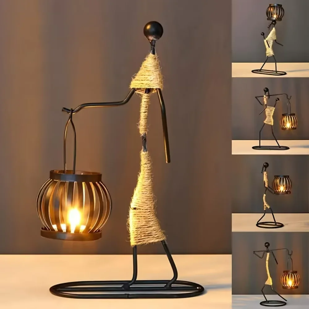 

Handmade Black African Woman Metal Iron Candle Holder Nordic Decor Table Decorations for Christmas with Jars and Lanterns
