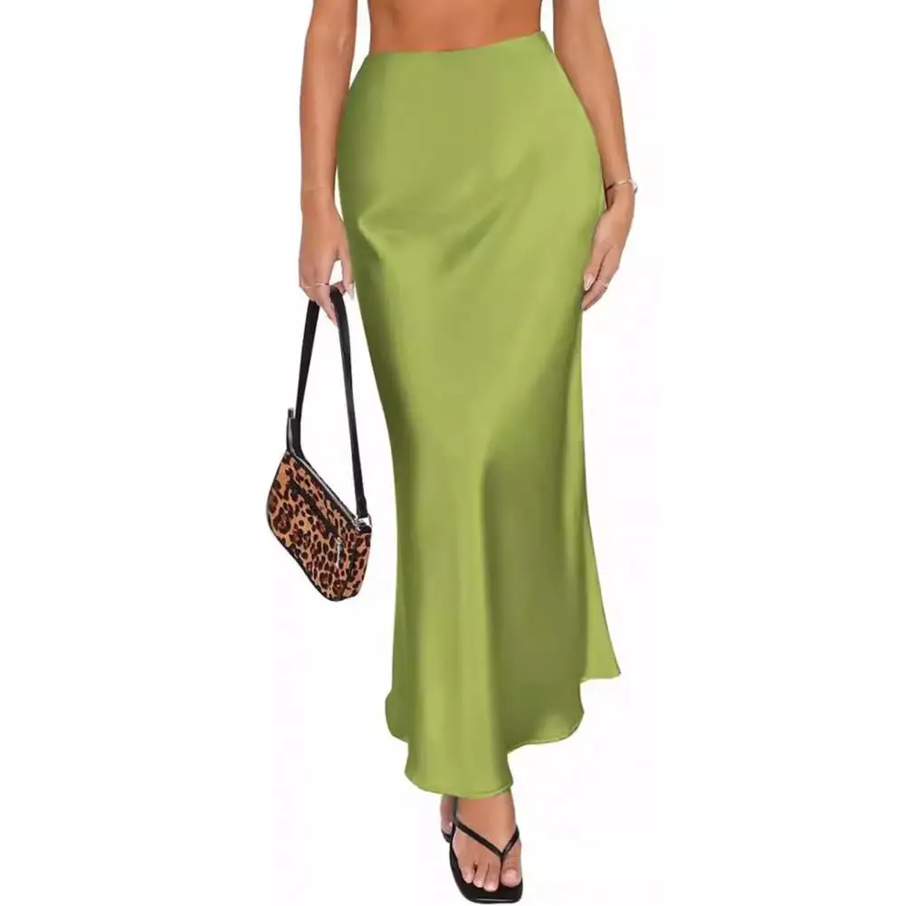 Elegant Maxi Skirt Women High-Waist Smooth Satin Long Skirt Zipper Solid Color Spring Autumn Hip Wrapped Fishtail Skirt