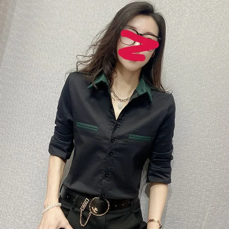 Spring Summer Korean Fashion Patchwork Elegant Shirt Female Long Sleeve Slim Blouse Top Women All-match Bottomiong Cardigans