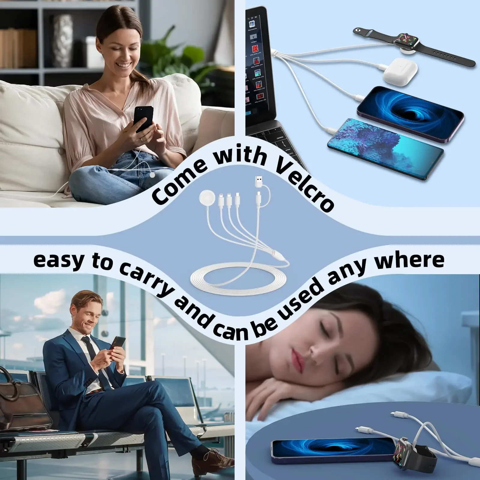 สายชาร์จข้อมูลแบบ4-in-2 USB สำหรับที่ชาร์จนาฬิกา iPhone สายแม่เหล็ก iWatch Type-C สายชาร์จเร็วคุณภาพสูง