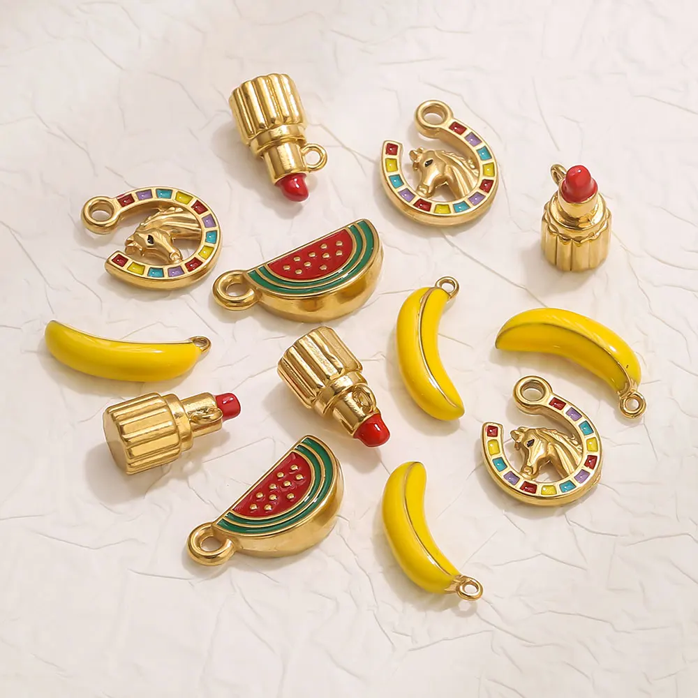 4pcs Stainless Steel Enamel Charm Fruit Banana Watermelon shape DIY Necklace Bracelet Earrings Jewelry Making Material Wholesale